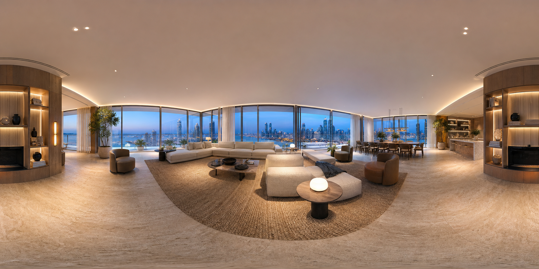 Continuous 360-degree equirectangular panorama of a Gulf penthouse