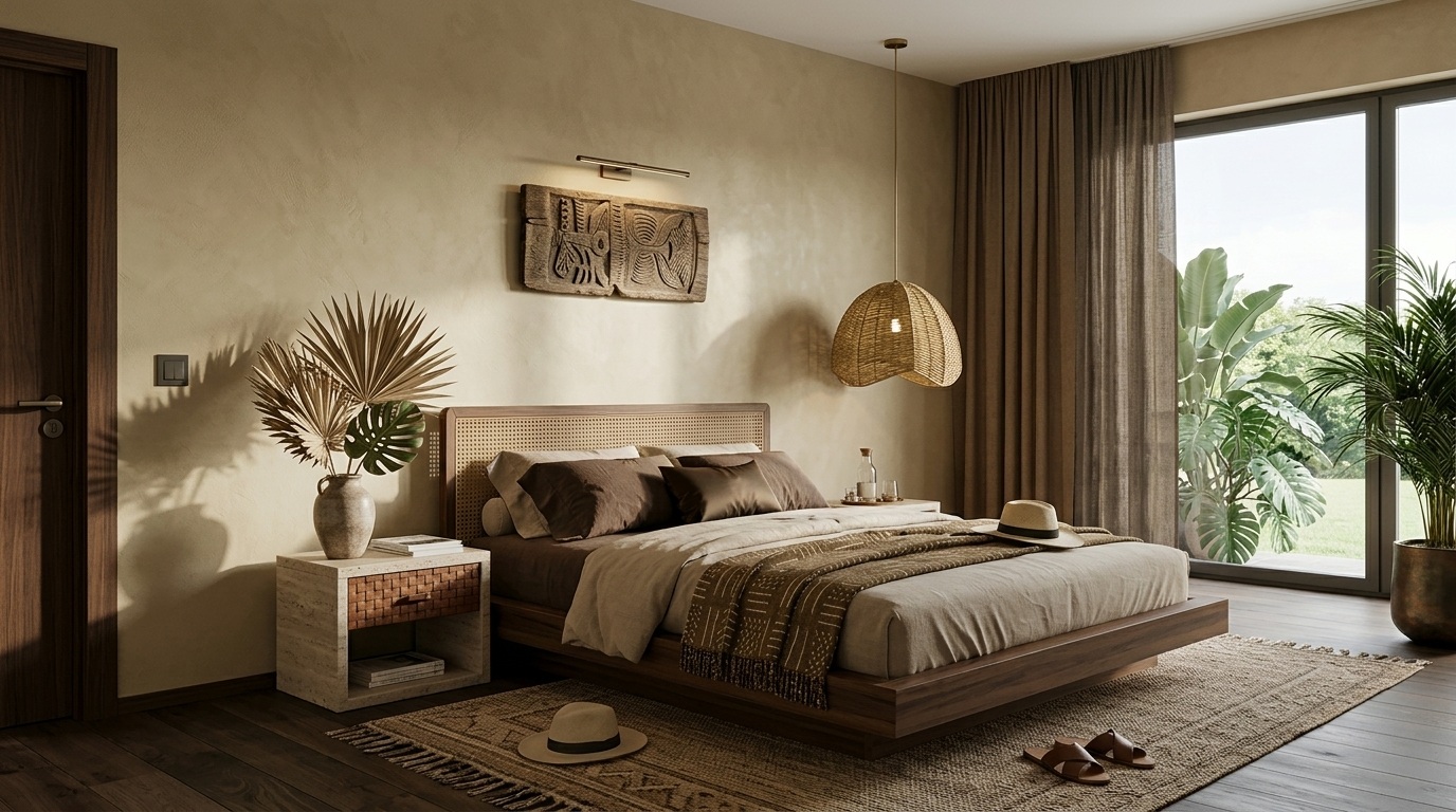 Approved bedroom render before a selected-region material edit